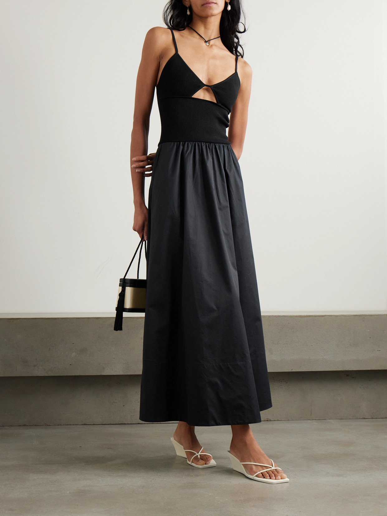 ST AGNI CUTOUT RIBBED-KNIT AND COTTON-POPLIN MAXI DRESS