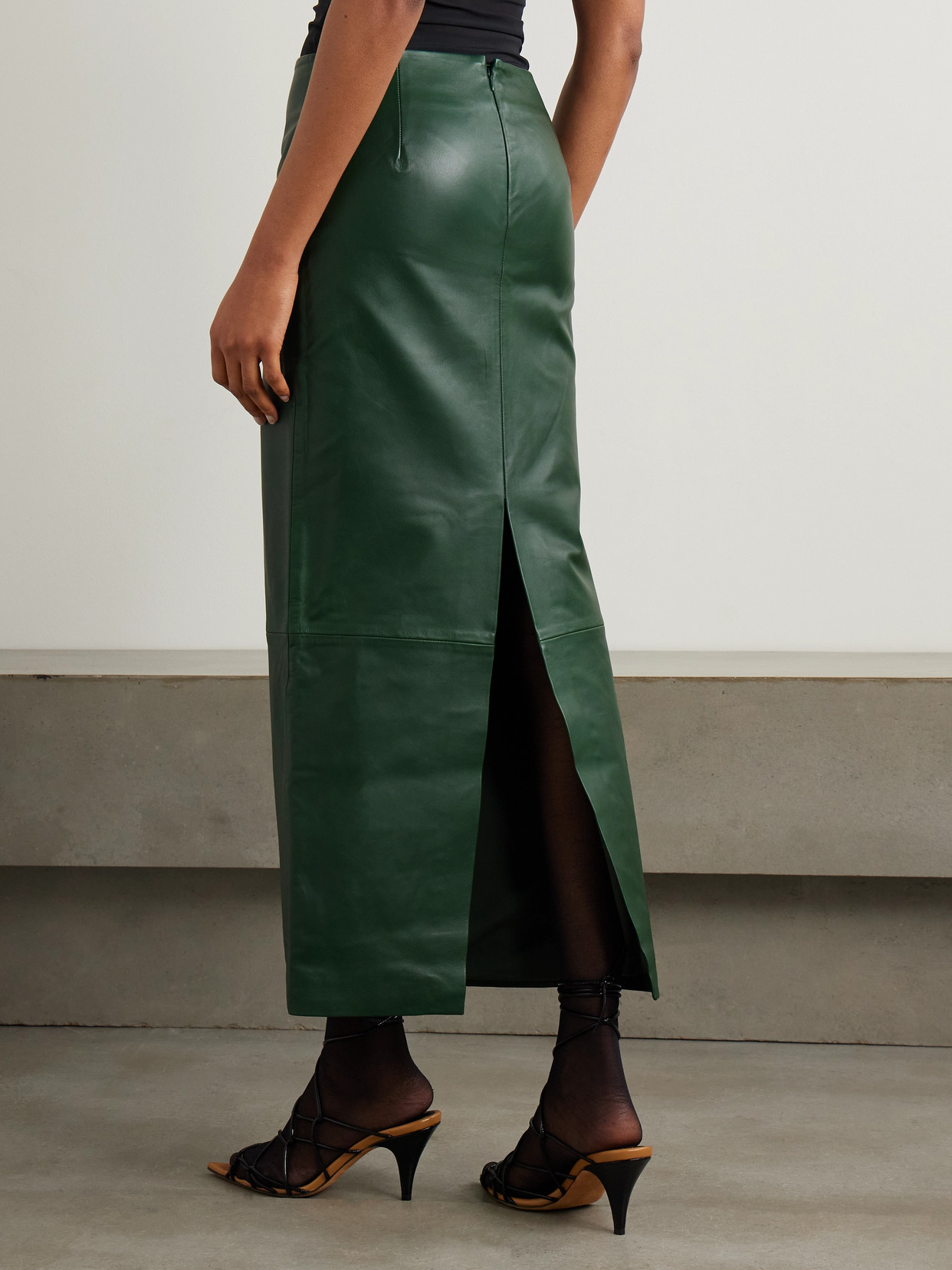 St Agni Leather Column Midi Skirt In Green