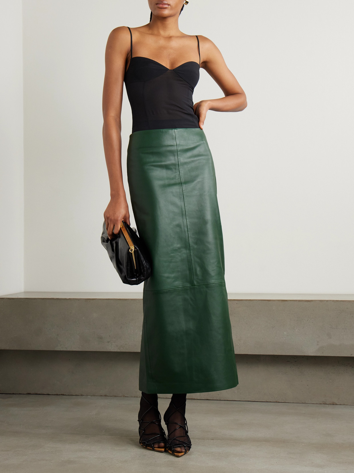 St Agni Leather Column Midi Skirt In Green