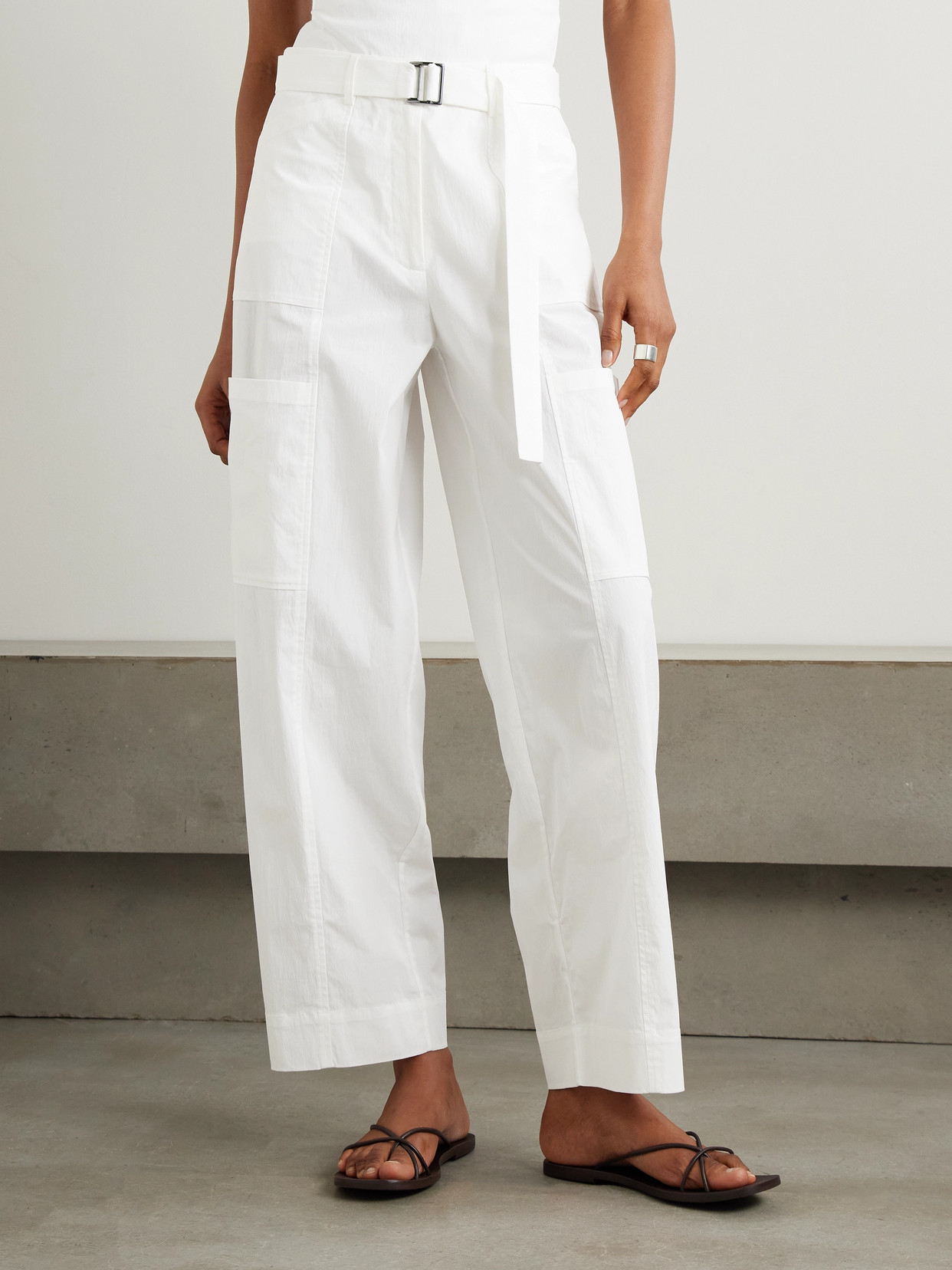 St Agni Utility Belted Cotton-blend Wide-leg Pants In Off-white