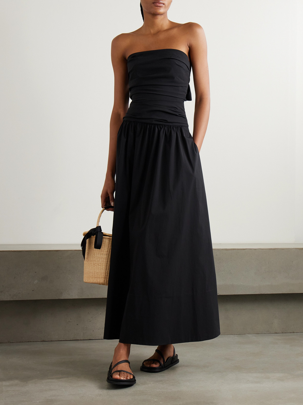 St Agni Black Gathered Strapless Tie Back Maxi Dress