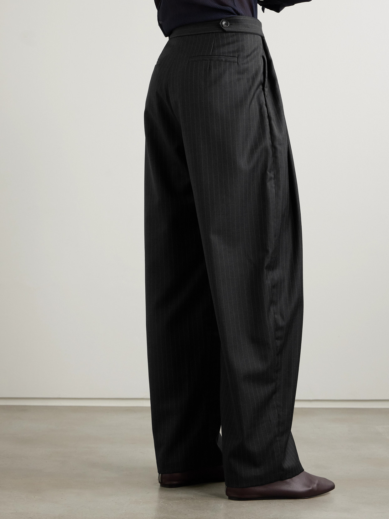 St Agni Adjust Pleated Pinstriped Wool-blend Wide-leg Pants In Black