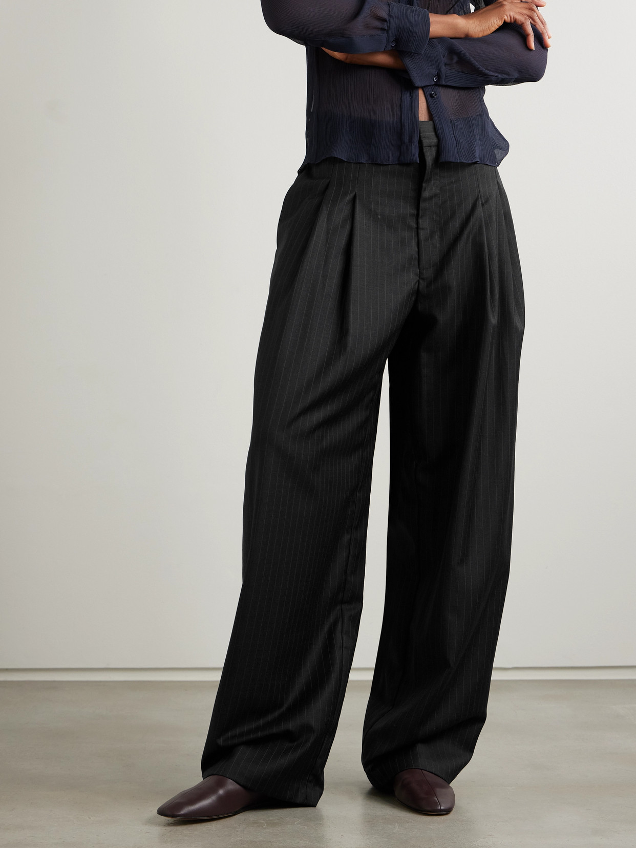 St Agni Adjust Pleated Pinstriped Wool-blend Wide-leg Pants In Black
