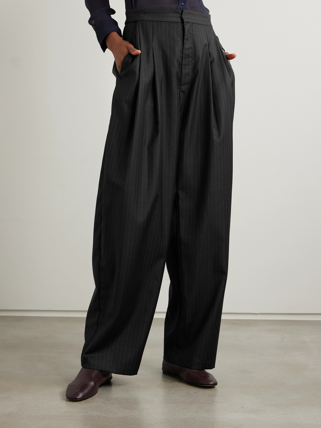 St Agni Adjust Pleated Pinstriped Wool-blend Wide-leg Pants In Black