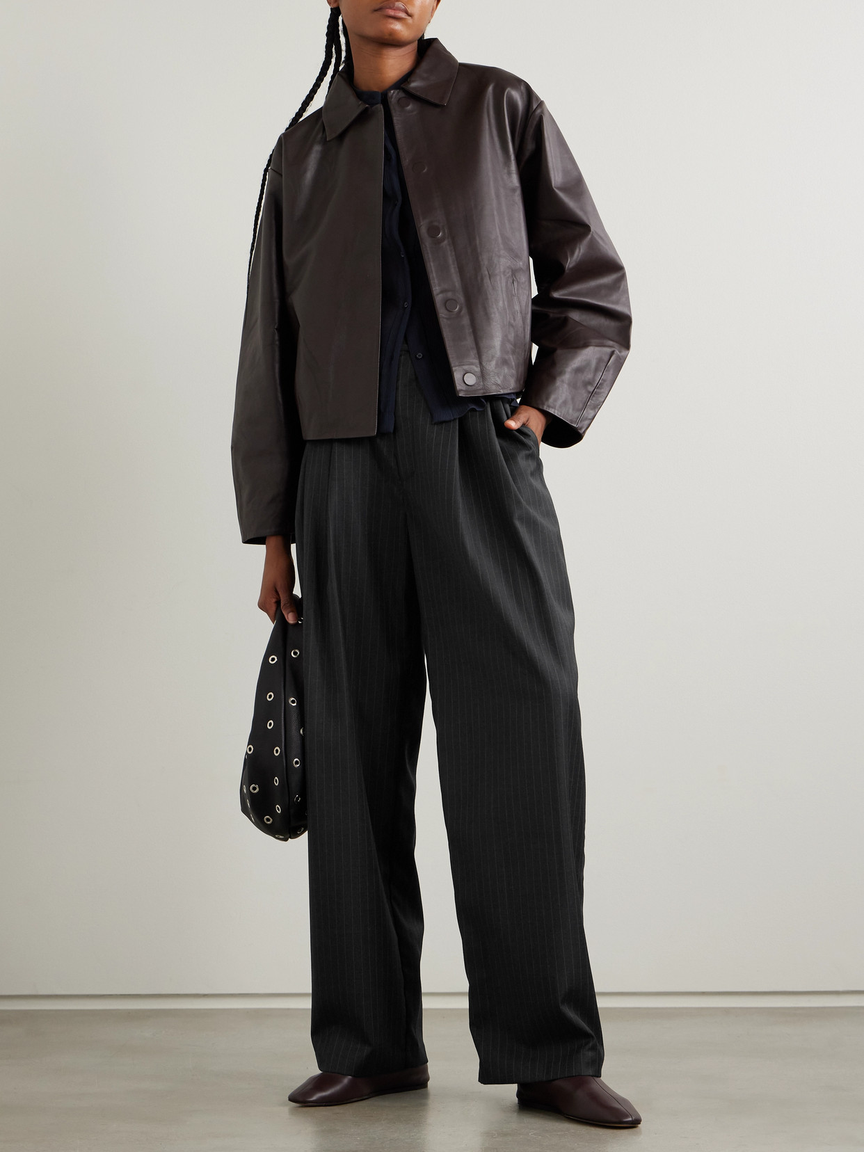 St Agni Adjust Pleated Pinstriped Wool-blend Wide-leg Pants In Black