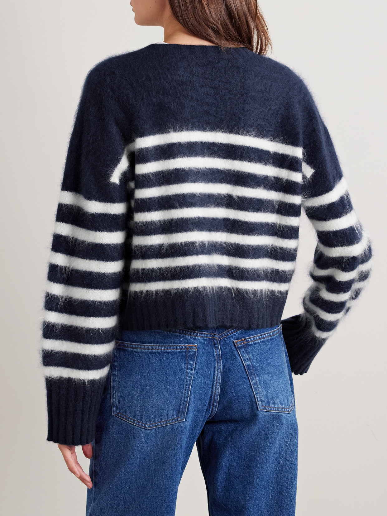 La Ligne Striped Brushed-cashmere Cardigan In Blue