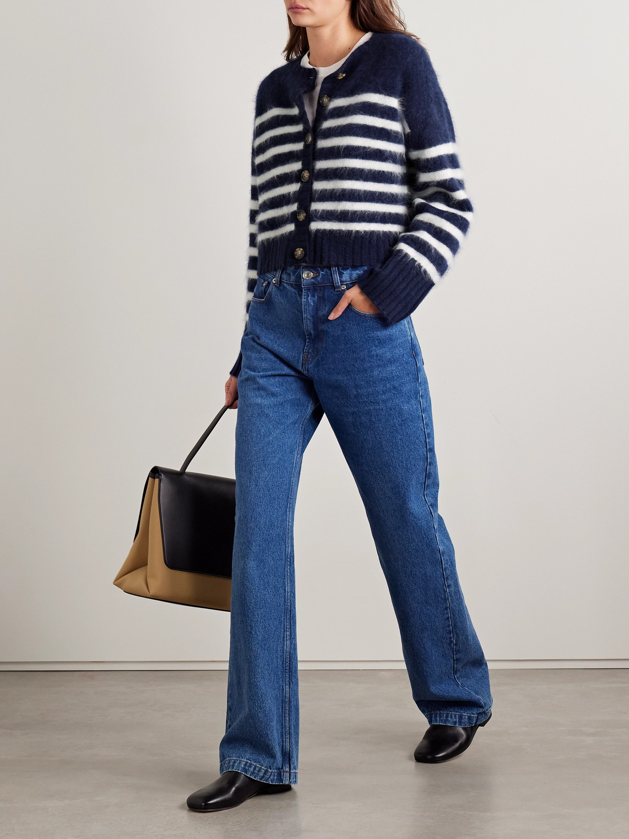 La Ligne Striped Brushed-cashmere Cardigan In Blue