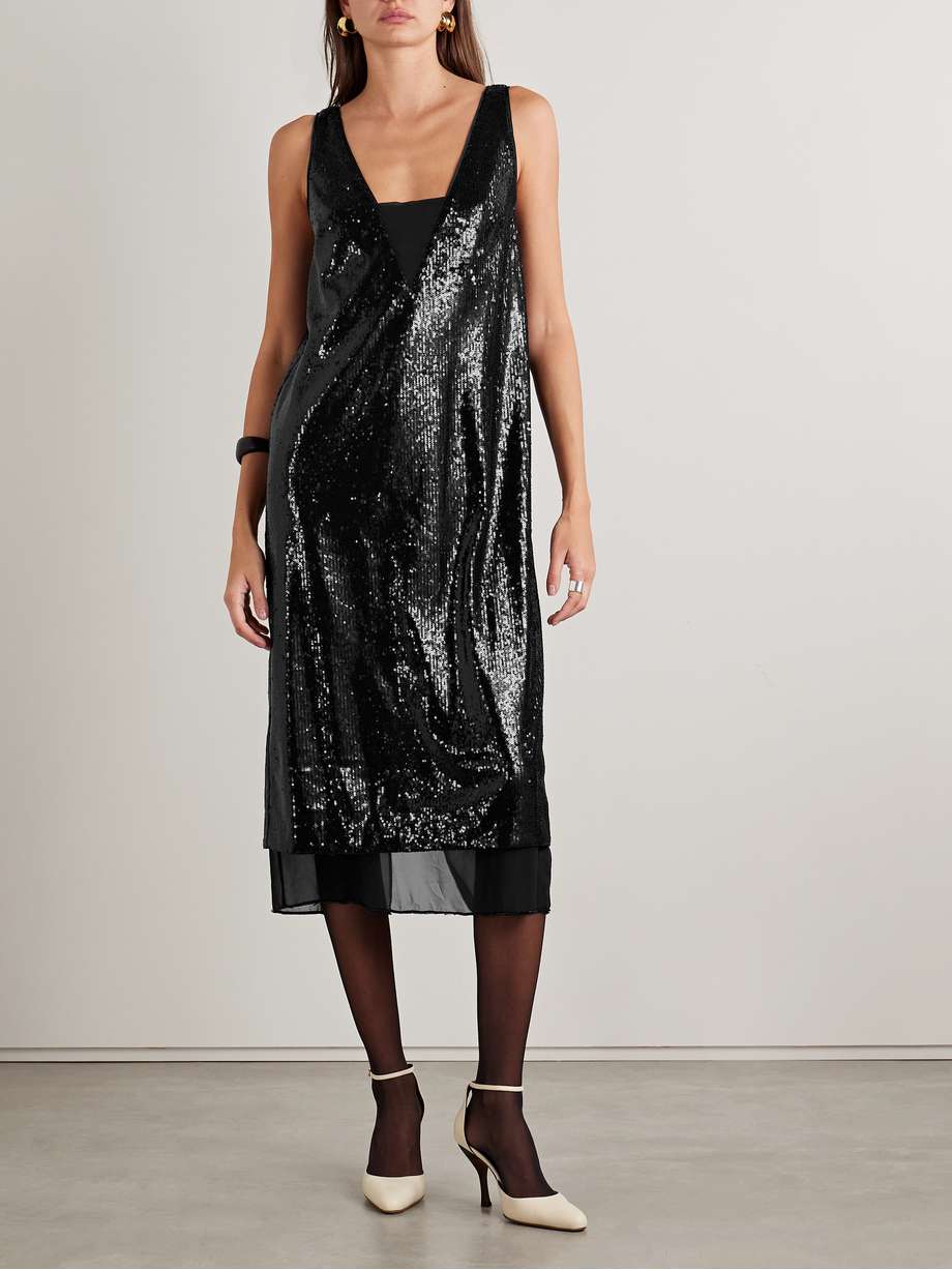 bead-embellished sequined jersey midi dress