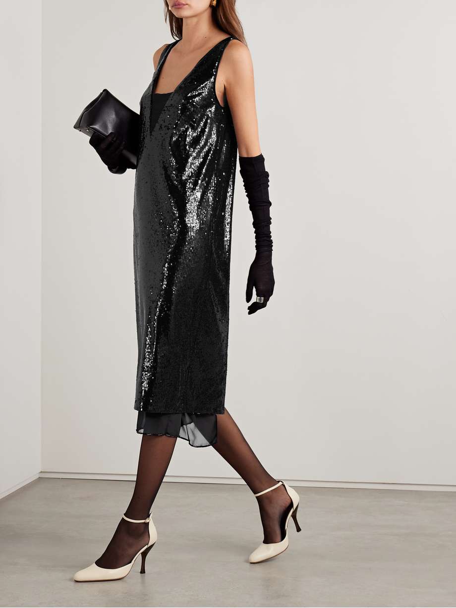 bead-embellished sequined jersey midi dress