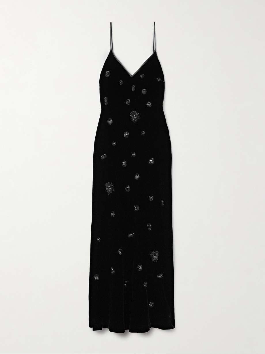 embellished silk-satin trimmed velvet midi dress