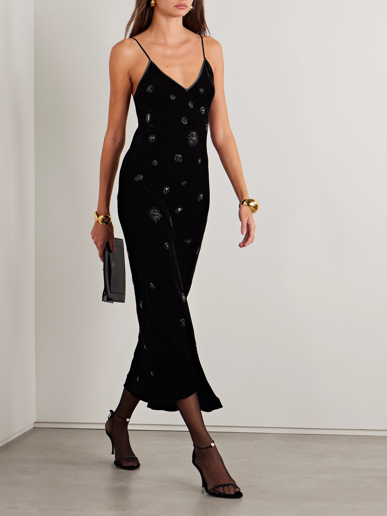 Shop La Ligne Embellished Silk-satin Trimmed Velvet Midi Dress In Black