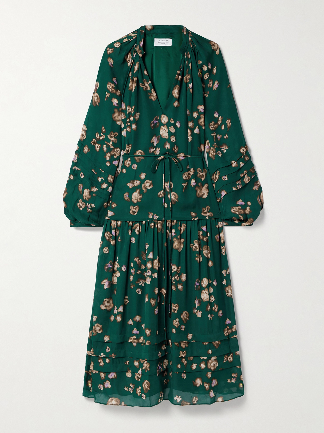 La Ligne Belted Floral-print Silk Crepe De Chine Midi Dress In Green