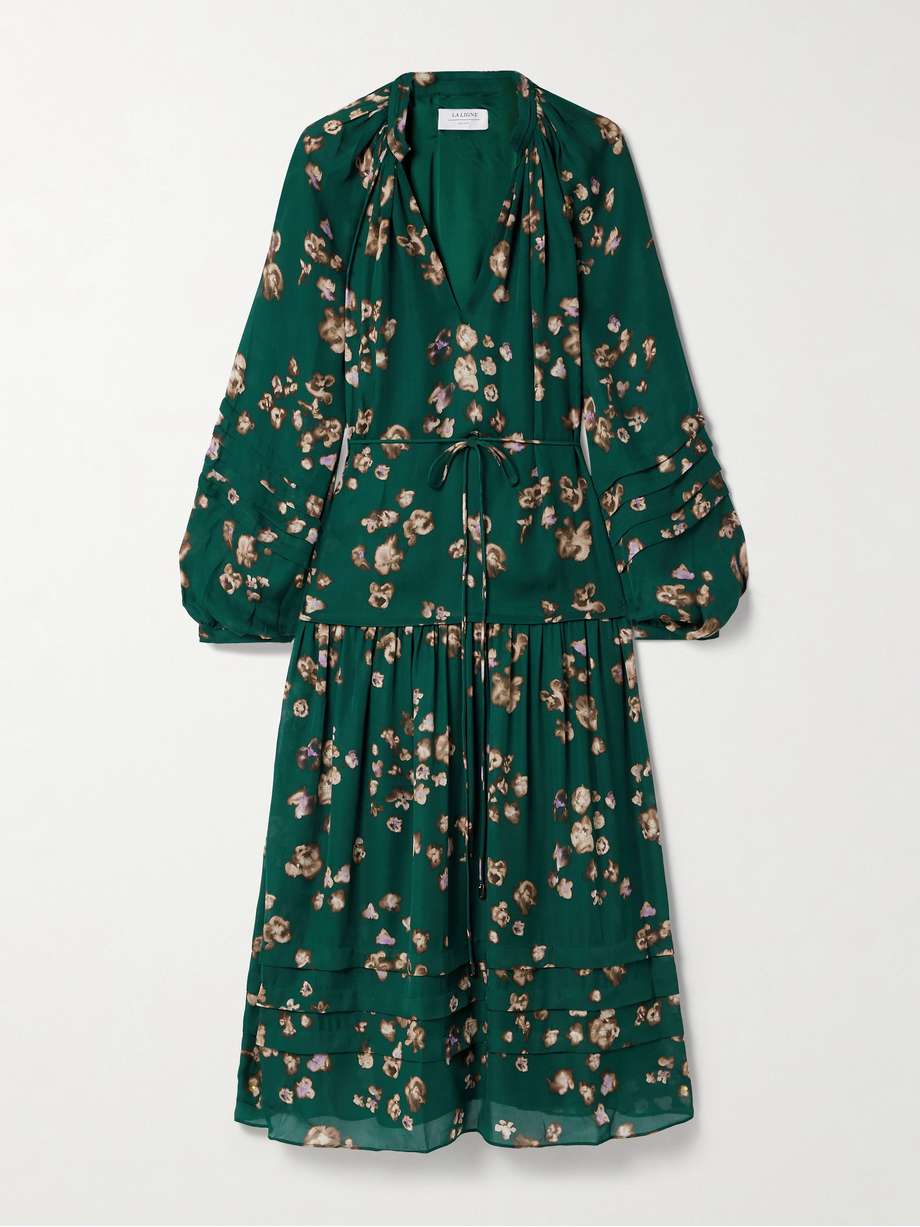 belted floral-print silk crepe de chine midi dress