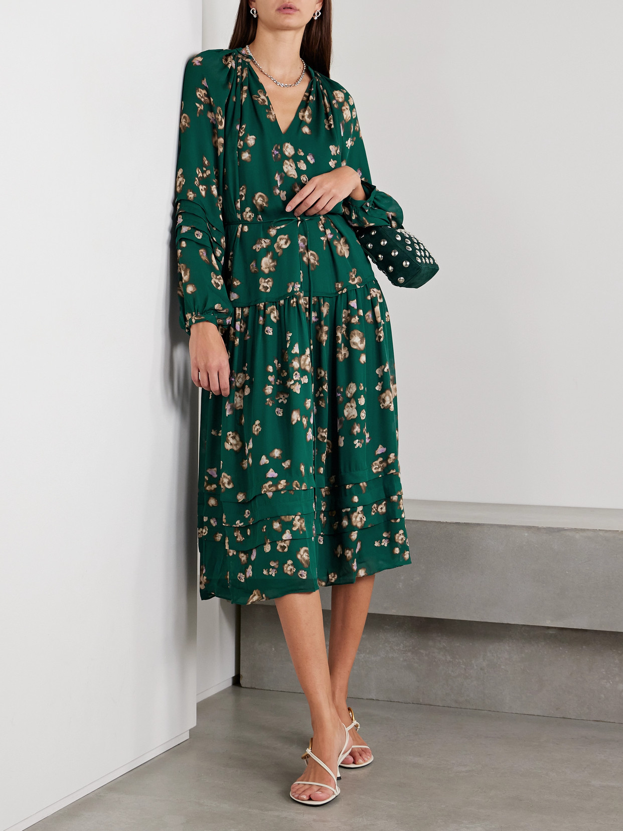 La Ligne Belted Floral-print Silk Crepe De Chine Midi Dress In Green