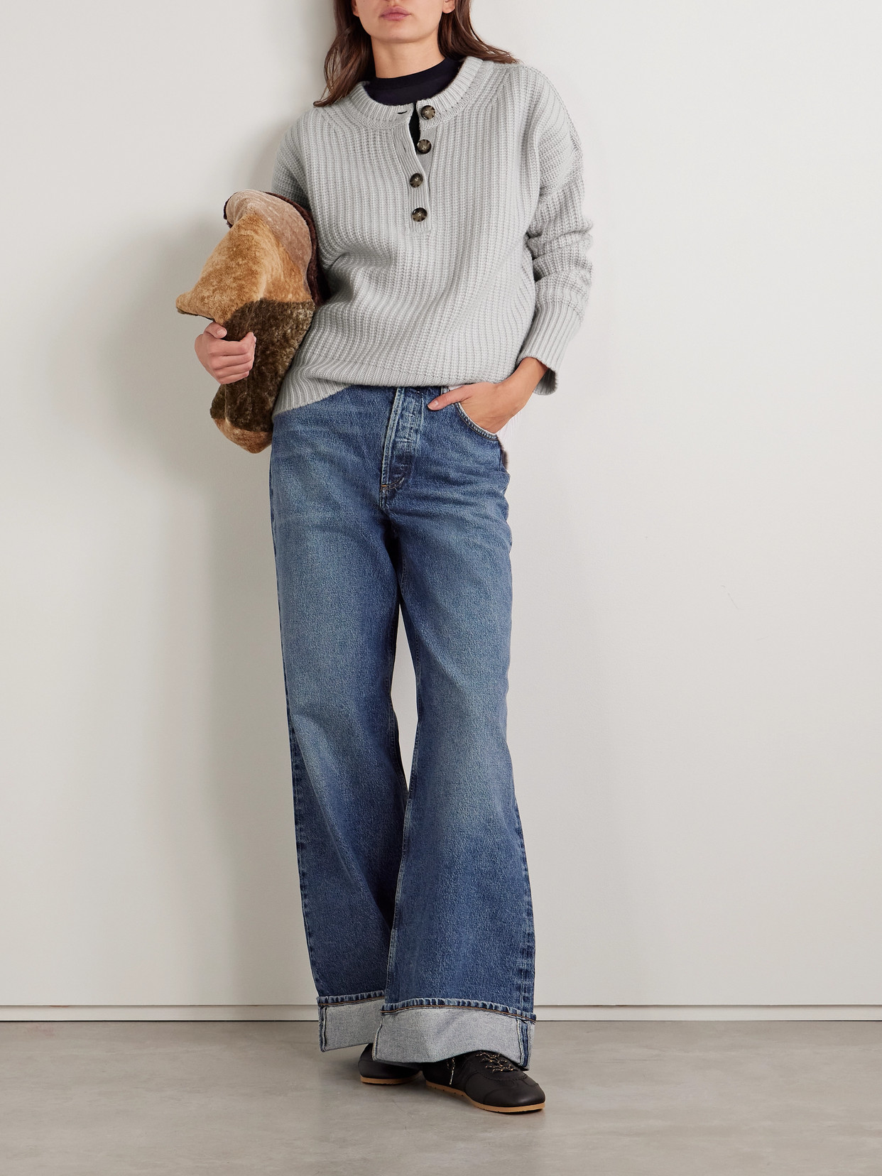 La Ligne Toujours Ribbed Cashmere Henley Sweater In Gray