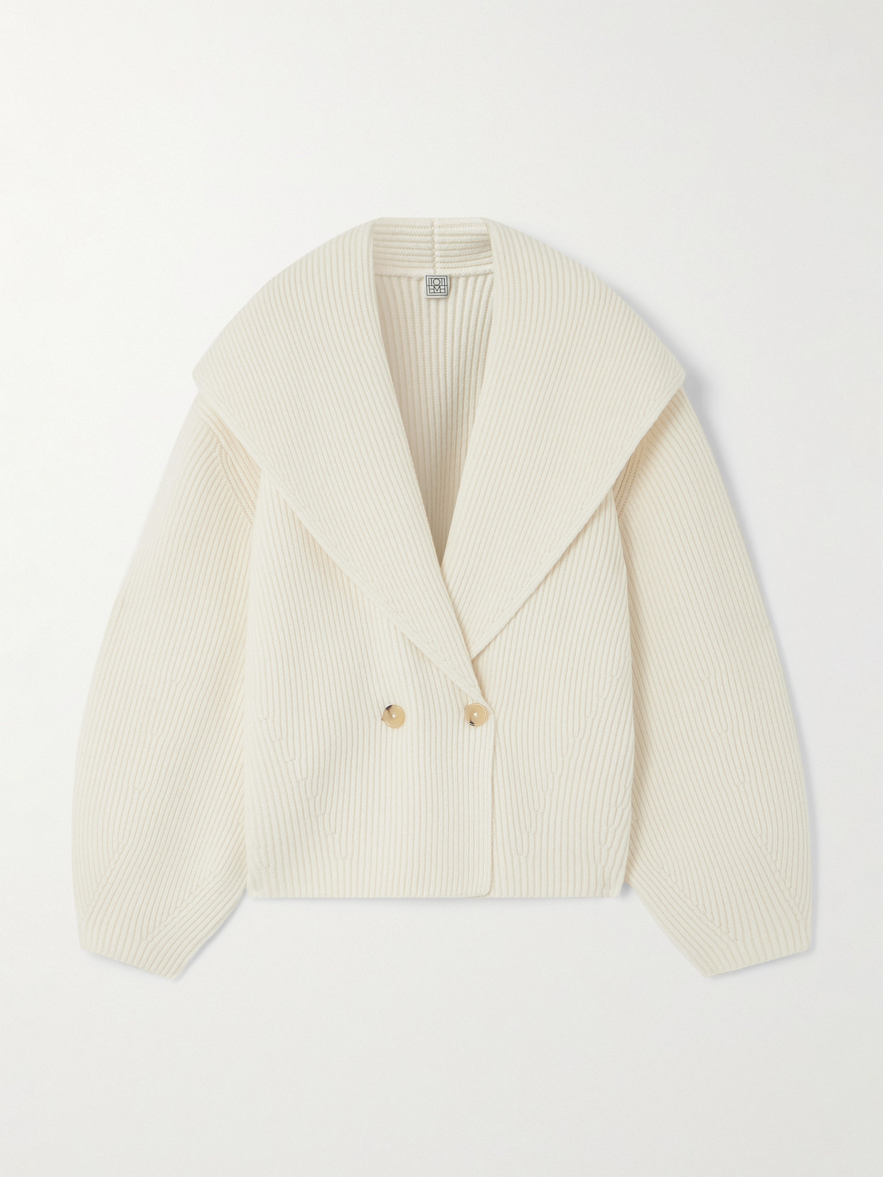 Totême Toteme Double Breasted Shawl Collar Wool Blend Rib Cardigan In Cream