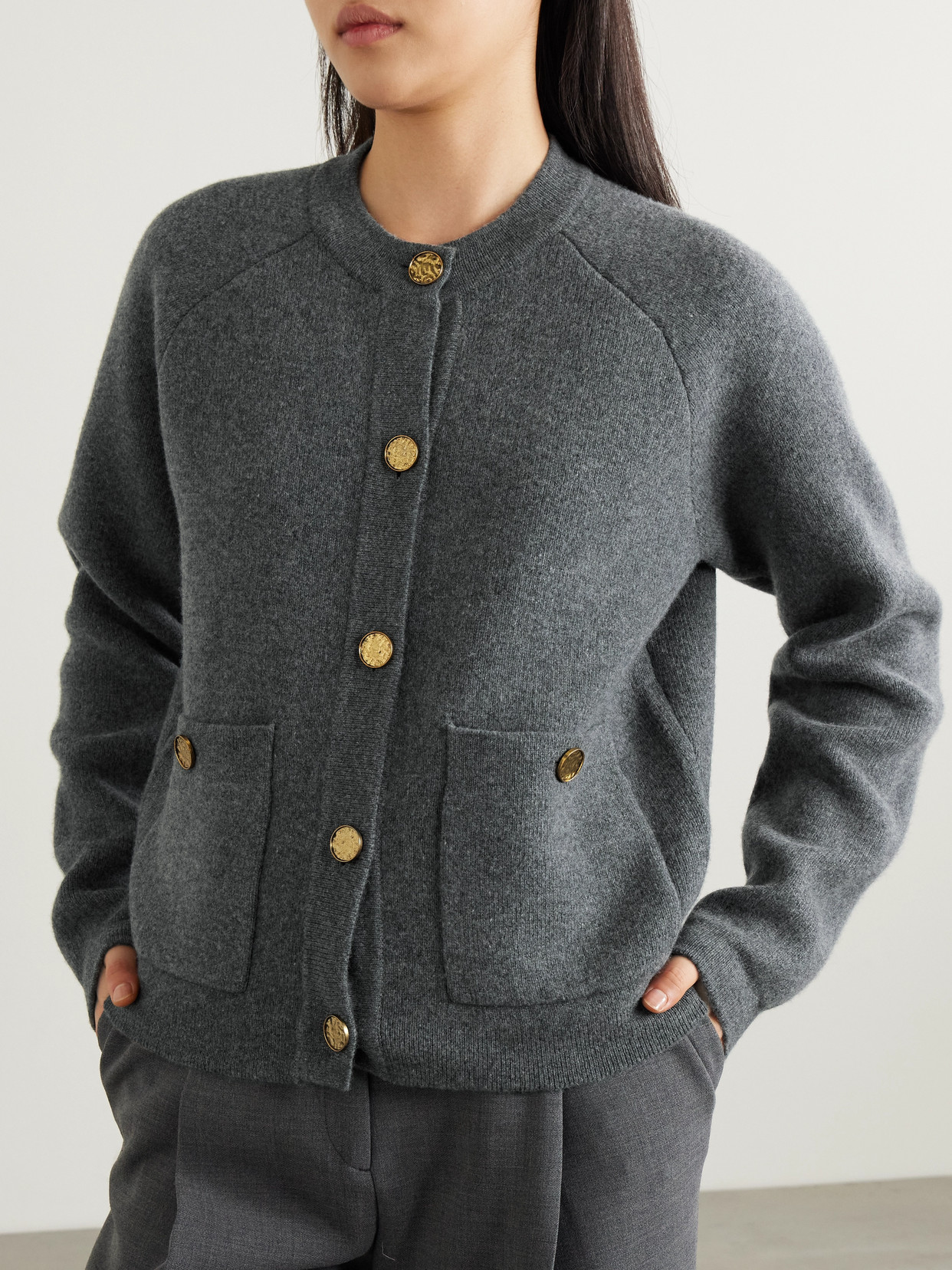 Totême Grey Crewneck Cardigan With Snap Bittons In Wool An Cashmere Blend Woman In Gray