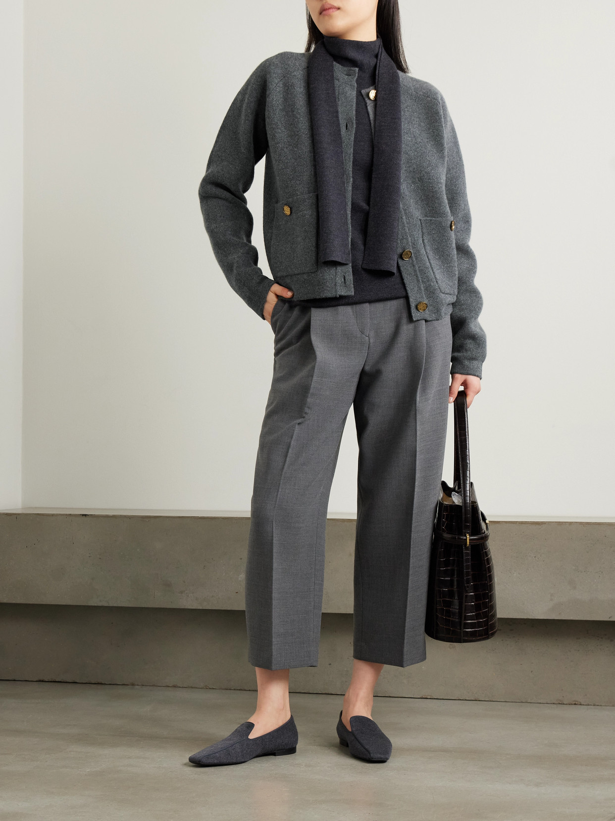 Totême Grey Crewneck Cardigan With Snap Bittons In Wool An Cashmere Blend Woman In Gray