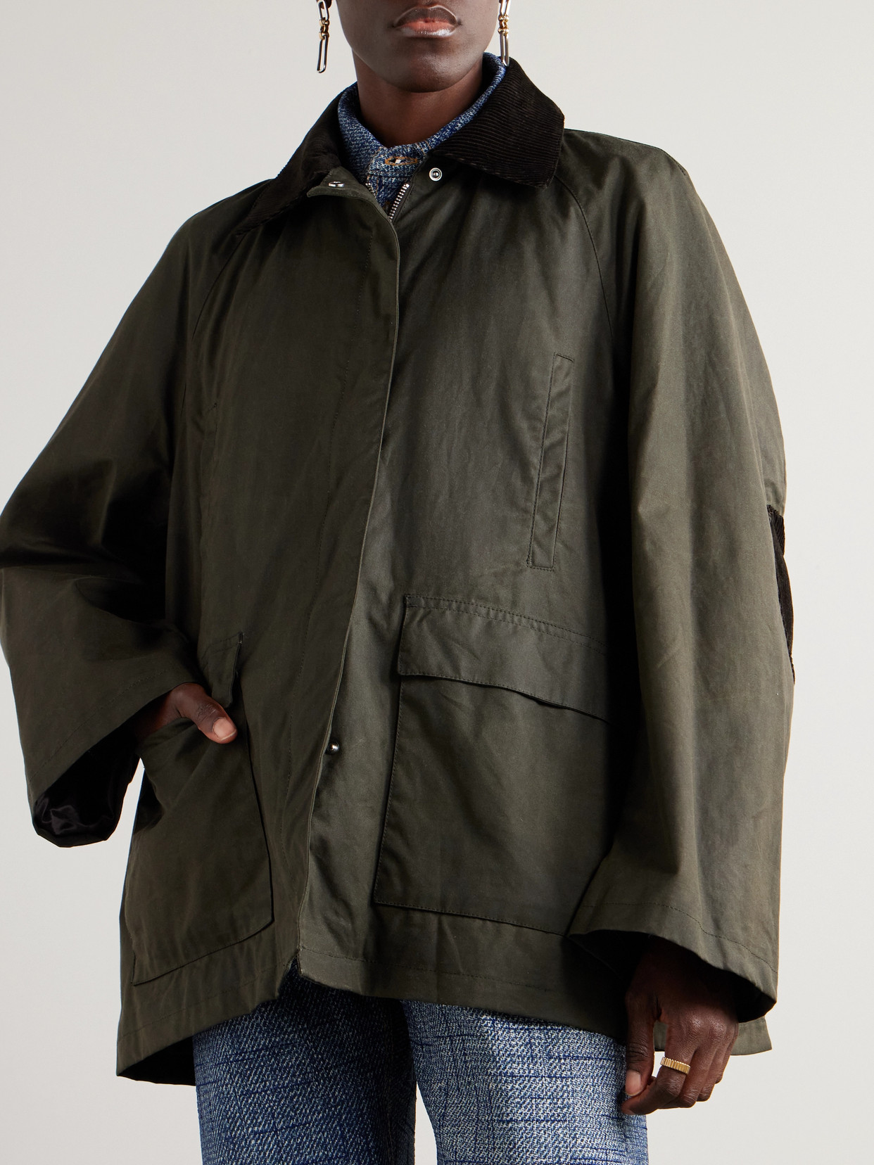 Oversized Corduroy-Trimmed Waxed Organic Cotton Jacket