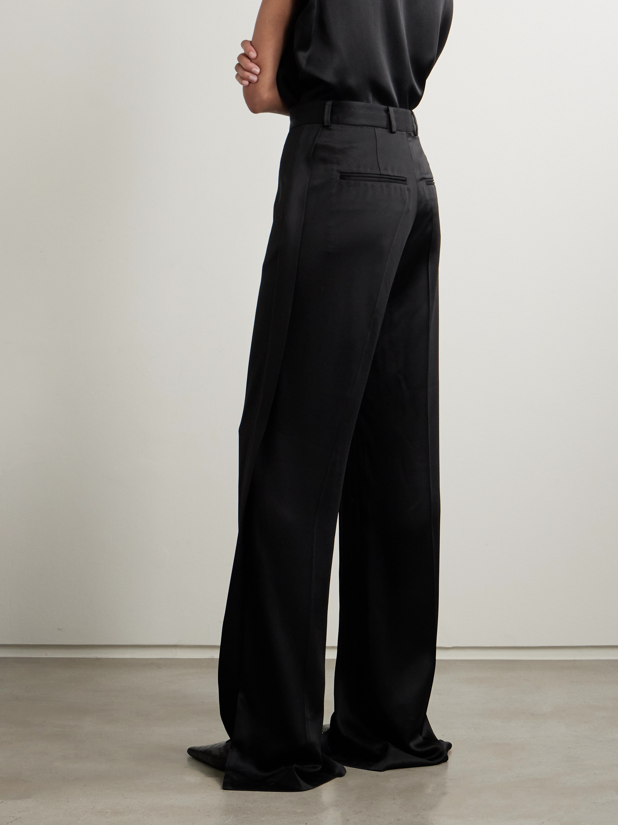 TOTEME Pleated satin-trimmed crepe straight-leg pants
