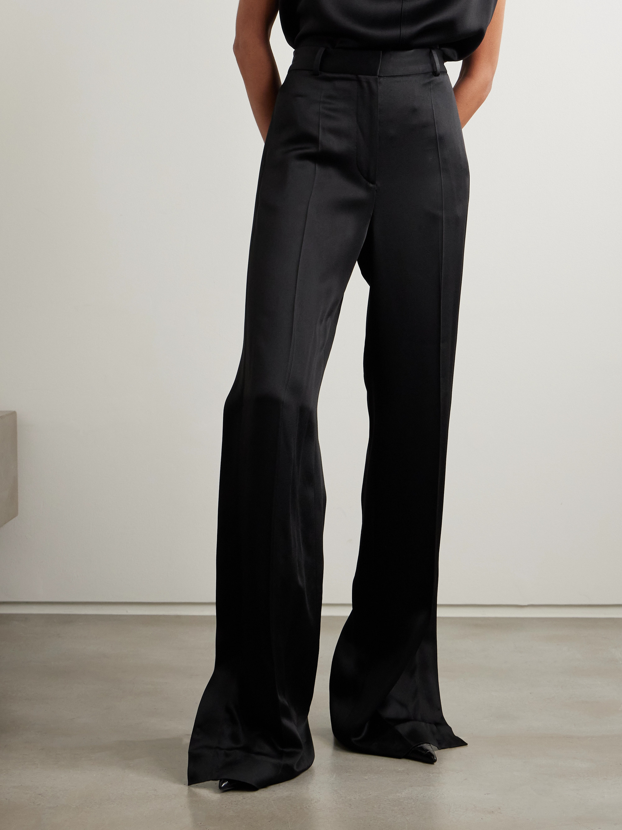TOTEME Pleated satin-trimmed crepe straight-leg pants