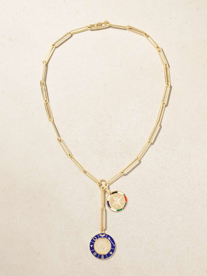 Foundrae Crescent & Internal Compass 18-karat Gold, Diamond And Enamel Necklace