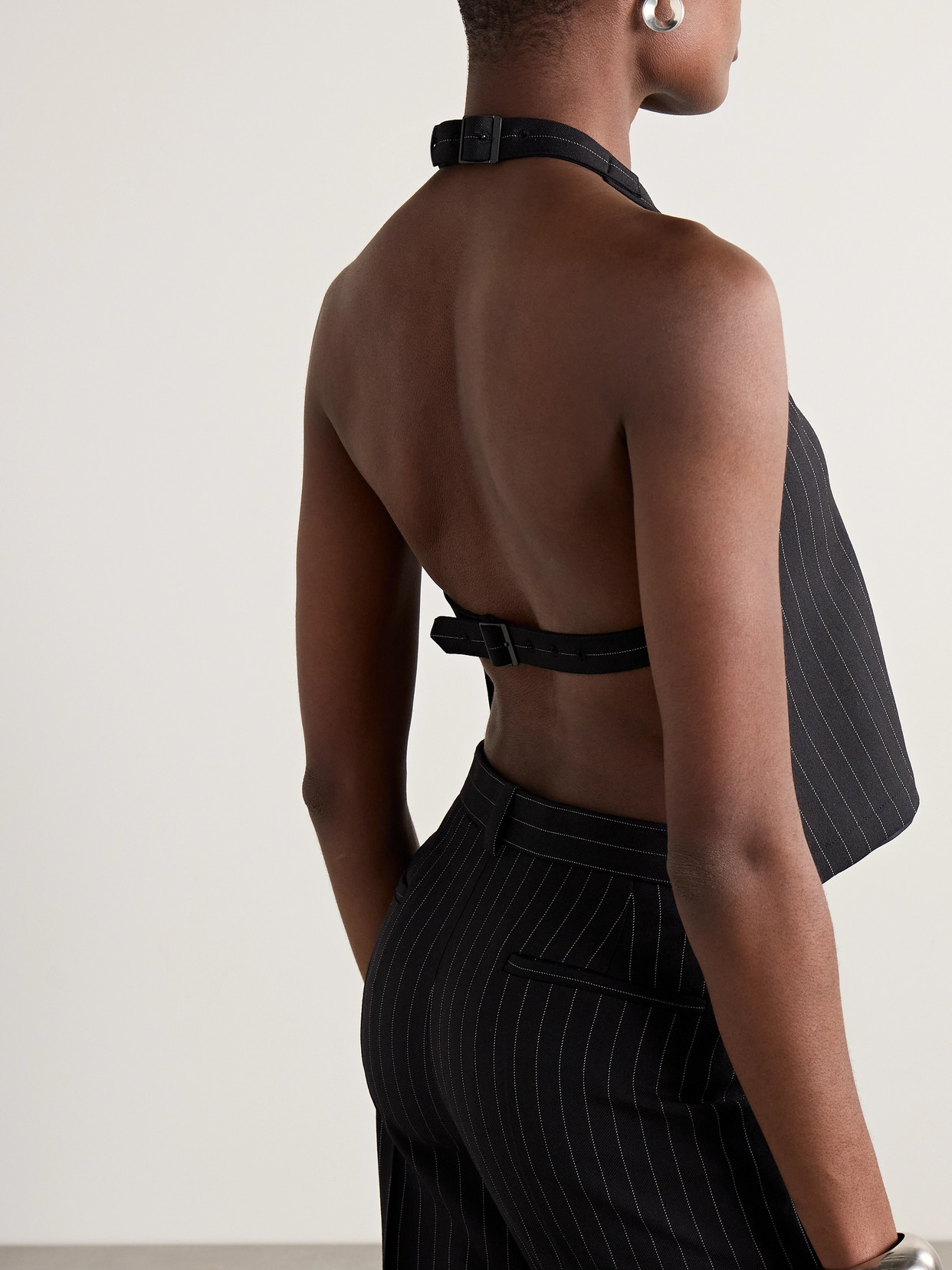 WARDROBE.NYC OPEN-BACK PINSTRIPED WOOL-TWILL HALTERNECK TANK