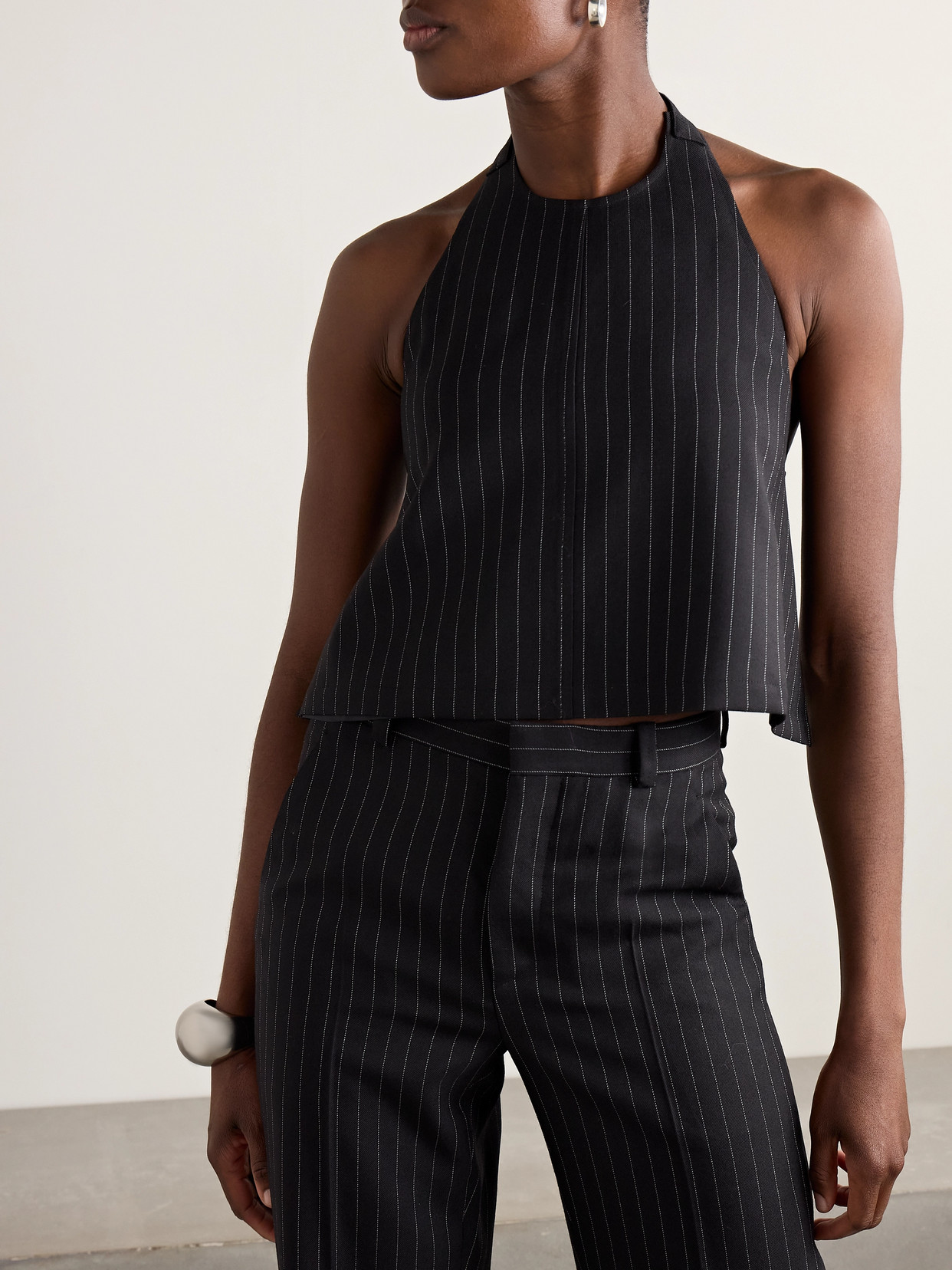 WARDROBE.NYC OPEN-BACK PINSTRIPED WOOL-TWILL HALTERNECK TANK