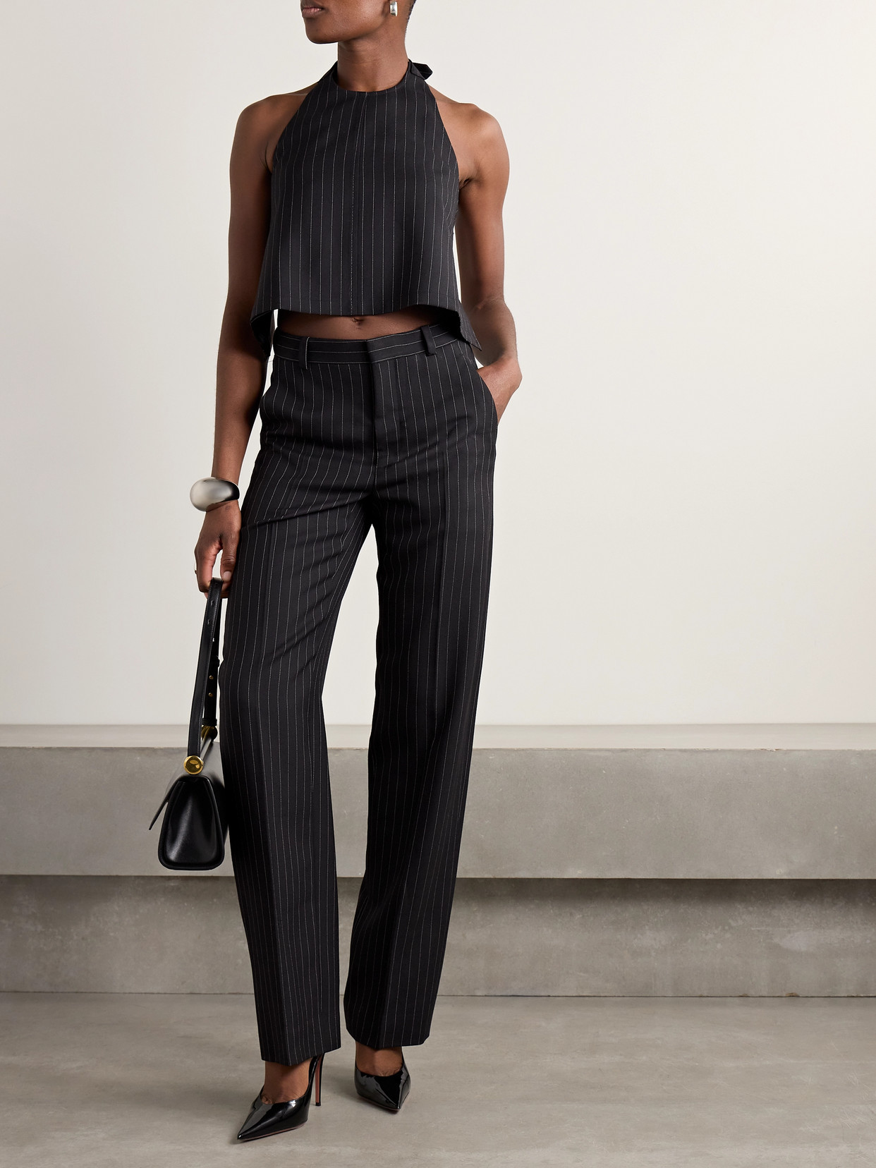 WARDROBE.NYC OPEN-BACK PINSTRIPED WOOL-TWILL HALTERNECK TANK