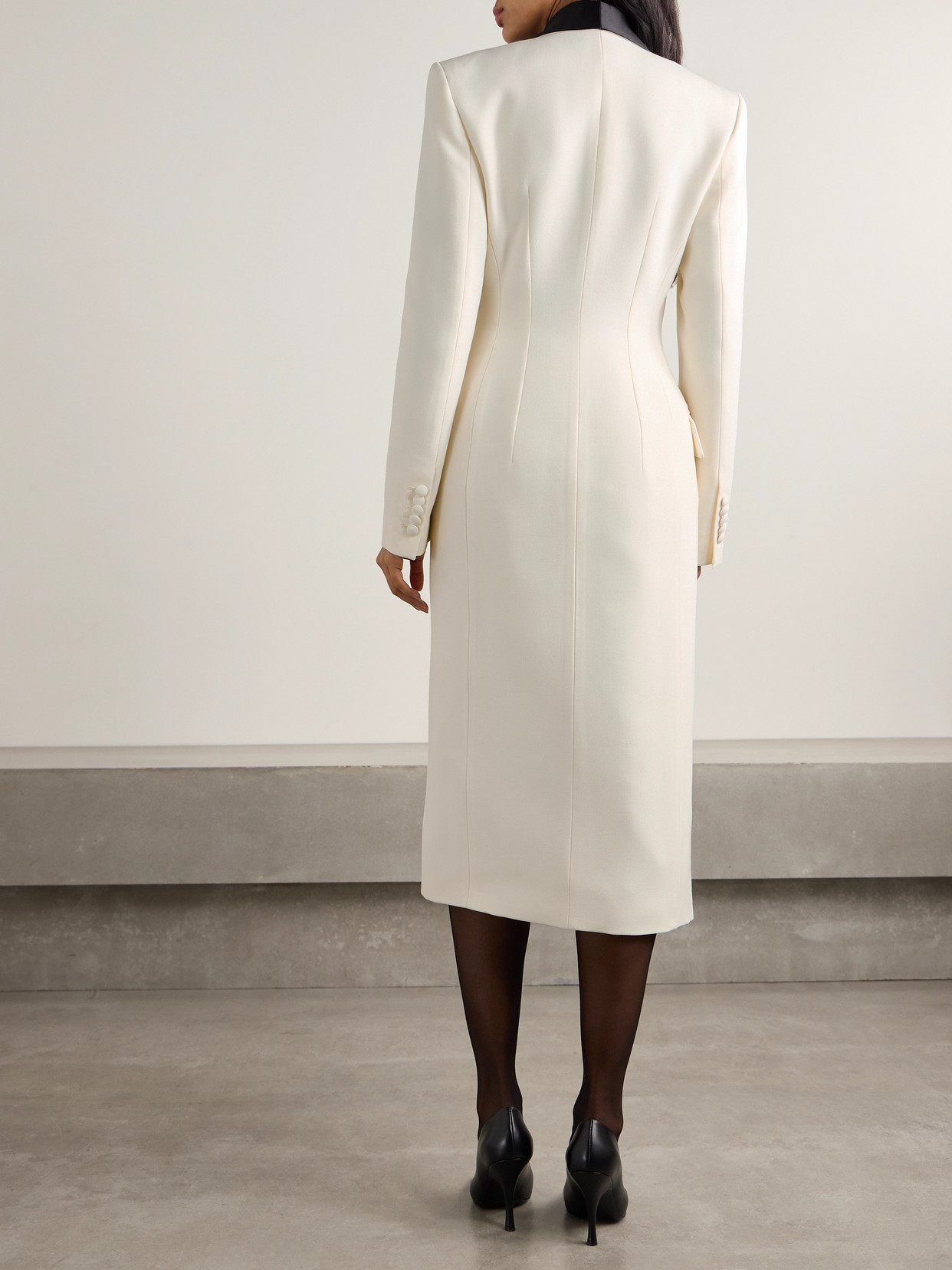 Wardrobe.nyc Double-breasted Satin-trimmed Wool-crepe Midi Dress In Off-white