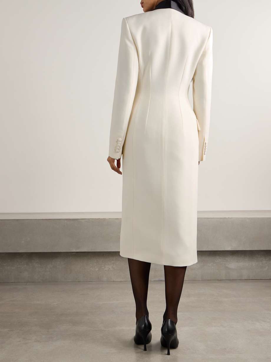 double-breasted satin-trimmed wool-crepe midi dress