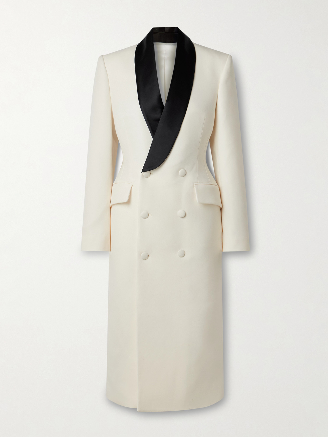 Wardrobe.nyc Double-breasted Satin-trimmed Wool-crepe Midi Dress In Off-white