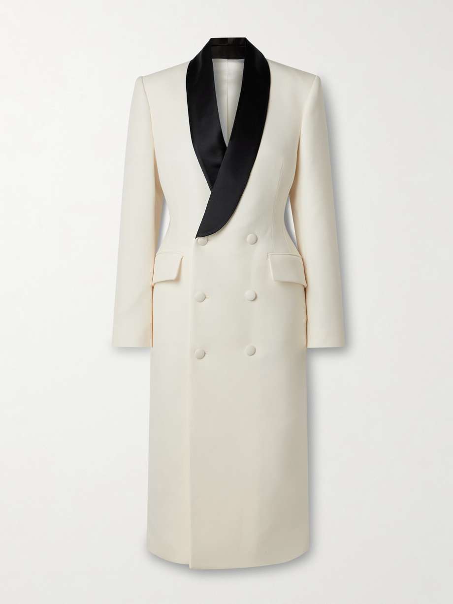 double-breasted satin-trimmed wool-crepe midi dress
