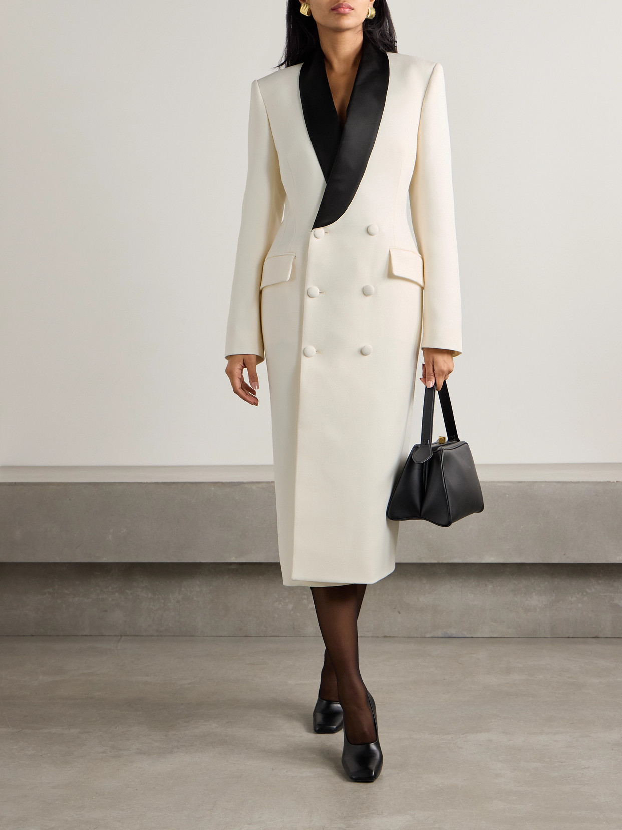 Wardrobe.nyc Double-breasted Satin-trimmed Wool-crepe Midi Dress In Off-white