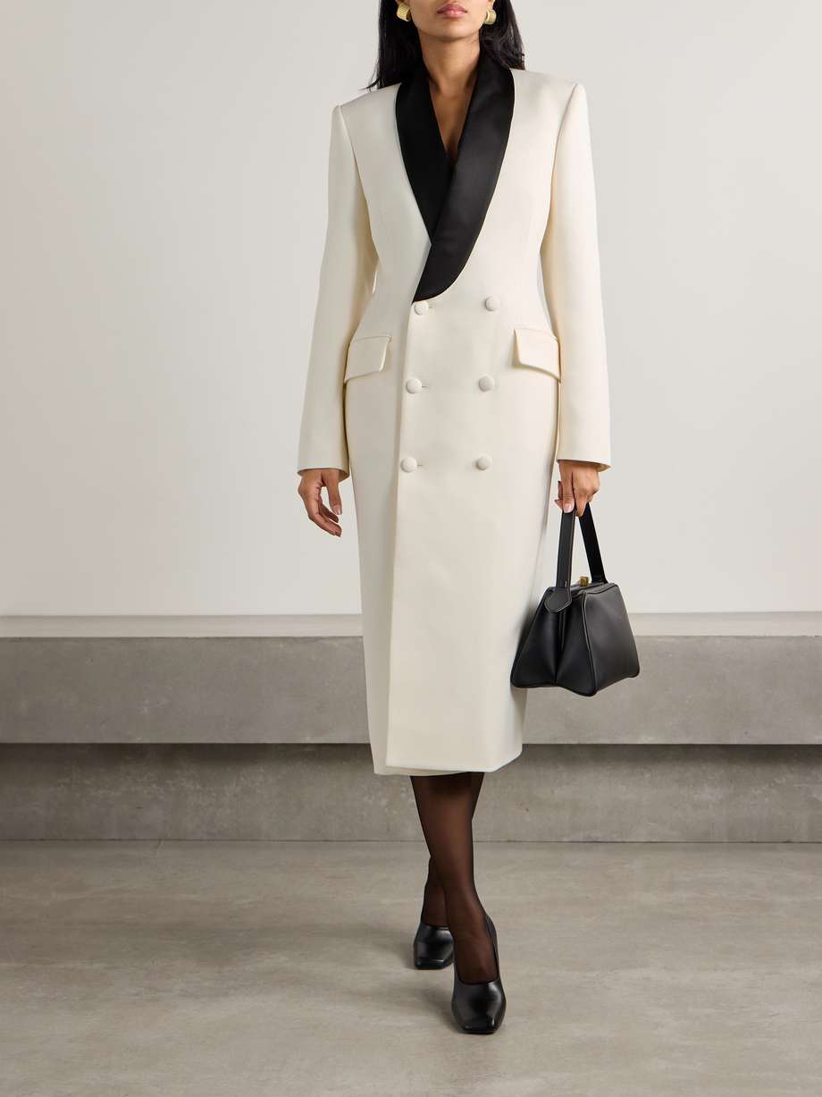 double-breasted satin-trimmed wool-crepe midi dress