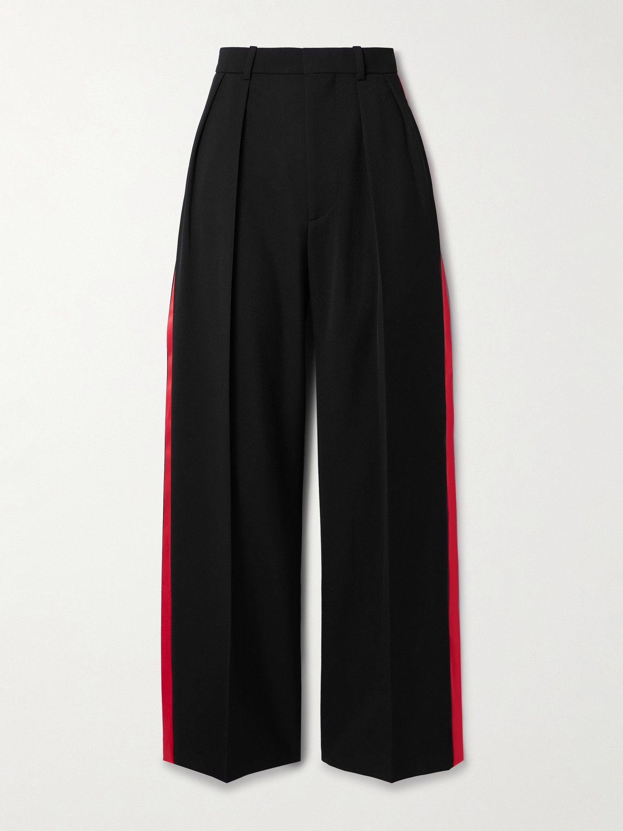 Wardrobe.nyc Pleated Silk-satin Trimmed Wool-piqué Wide-leg Pants In Black
