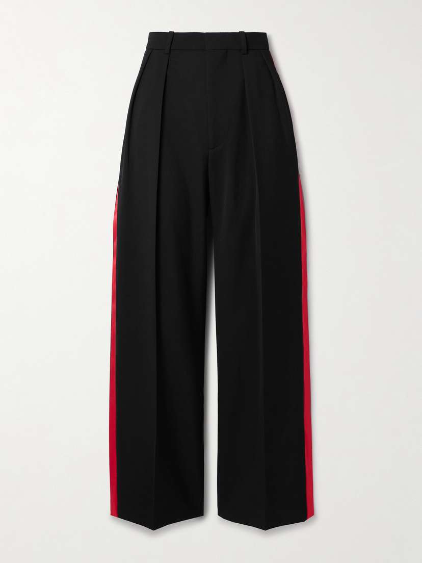 Wardrobe.NYC Pleated Silk-satin Trimmed Wool-piqué Wide-leg Pants