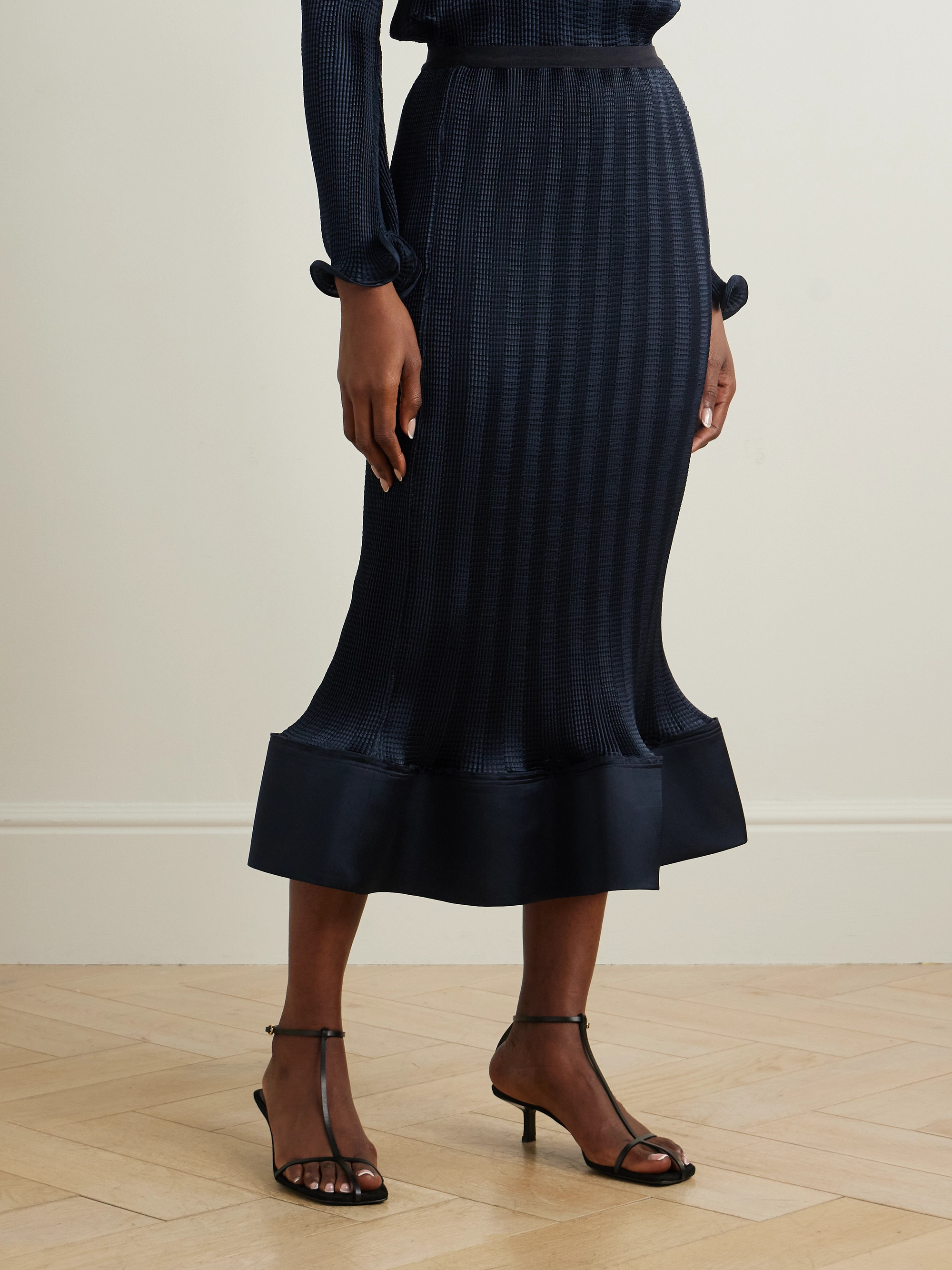 SIMKHAI Hollis shirred satin midi skirt