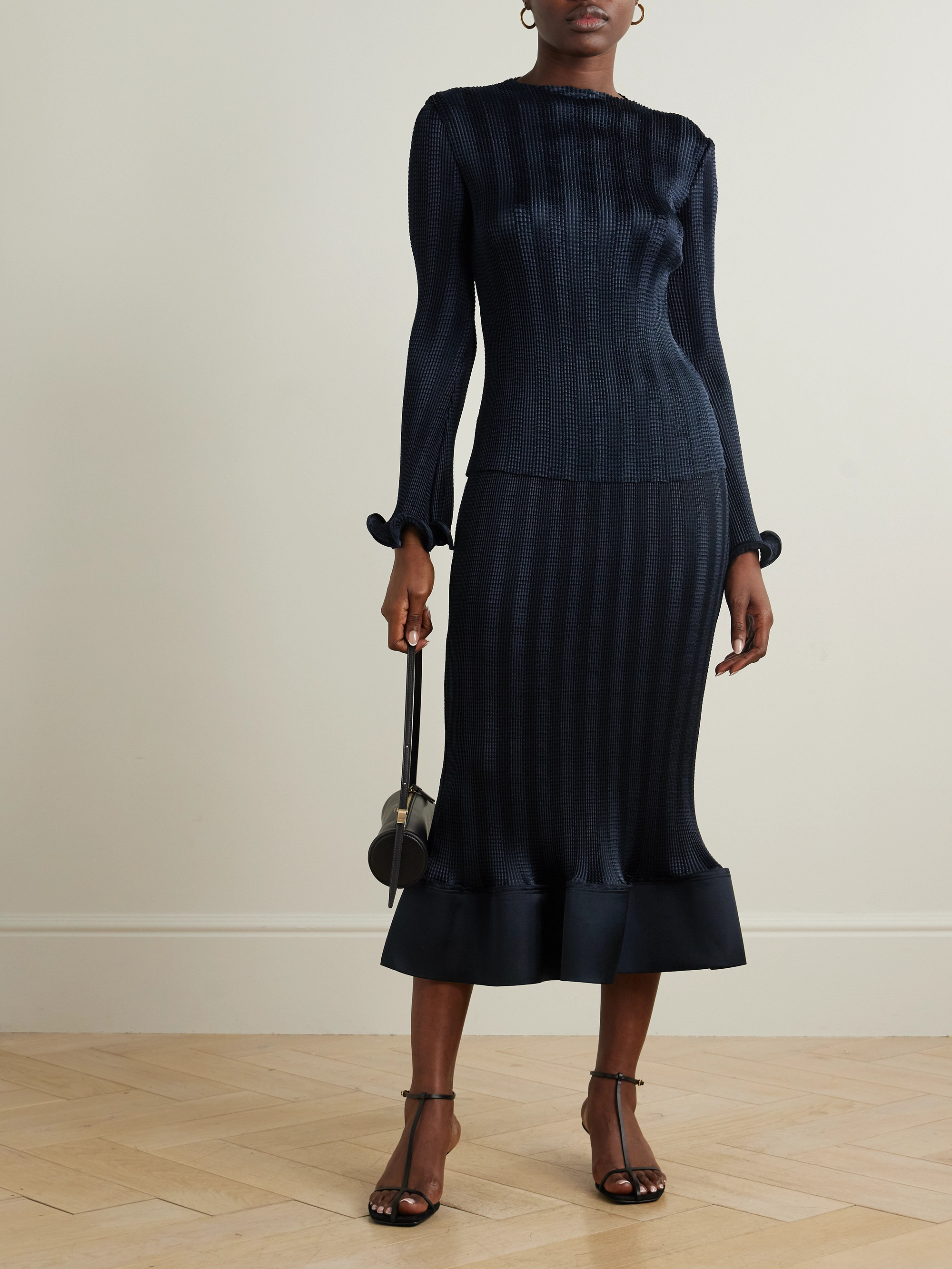 SIMKHAI Hollis shirred satin midi skirt thumbnail