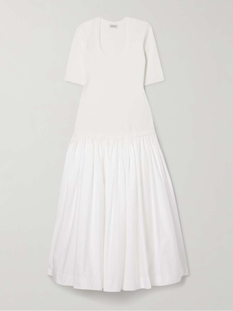 patton paneled pleated cotton-blend poplin midi dress