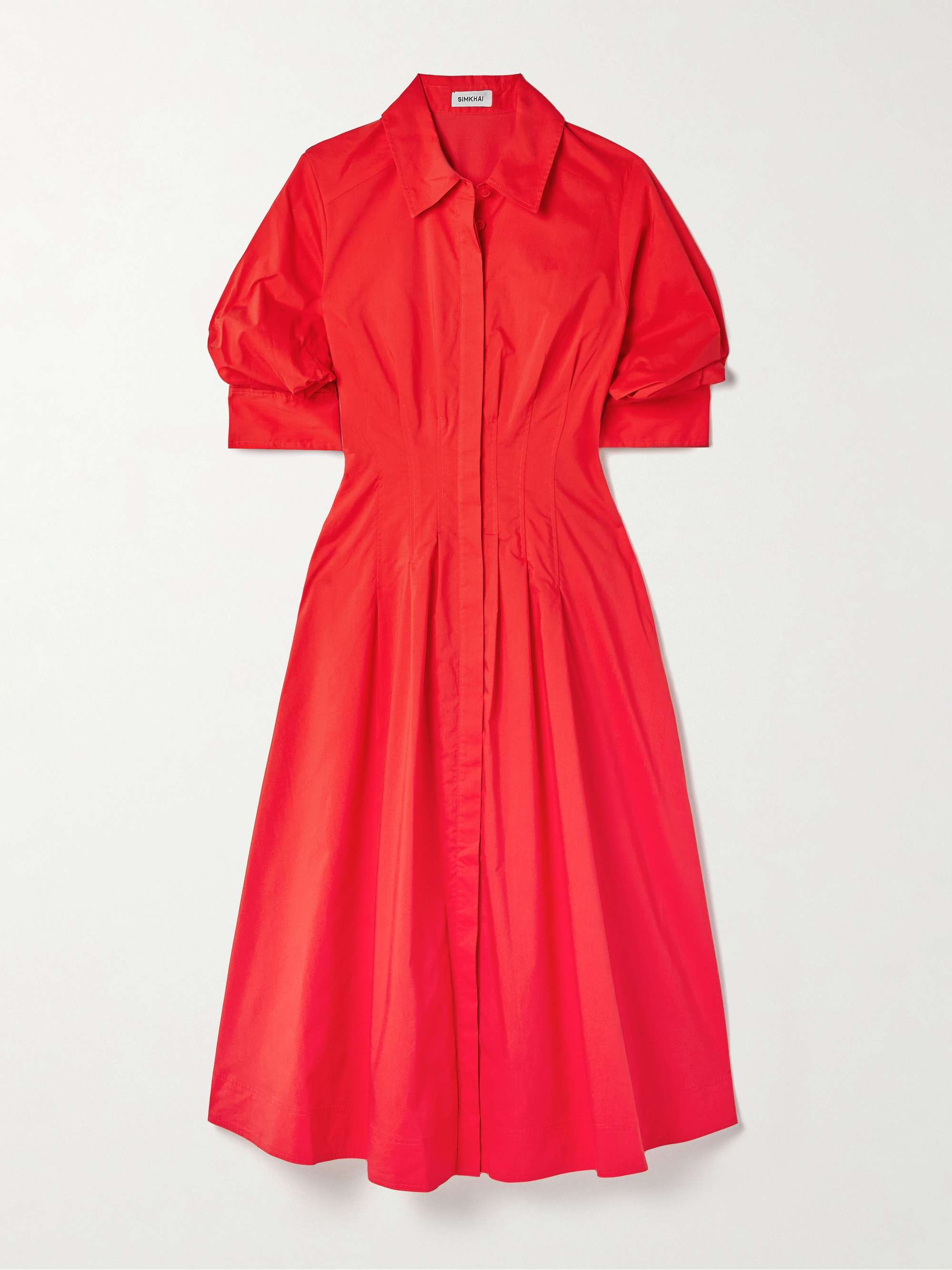 Jazz pleated cotton blend poplin midi shirt dress red x small