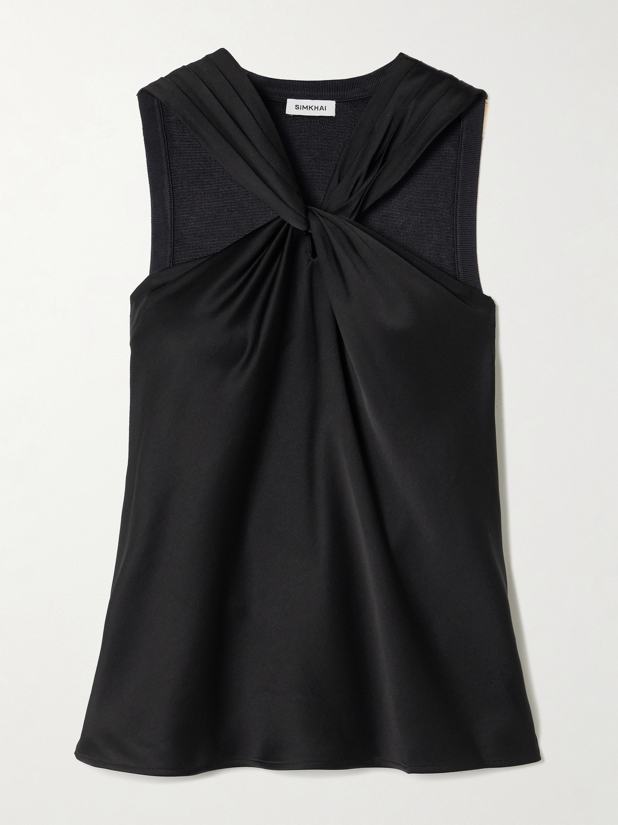 Simkhai Ria Twist-front Satin And Ribbed-knit Top In Black