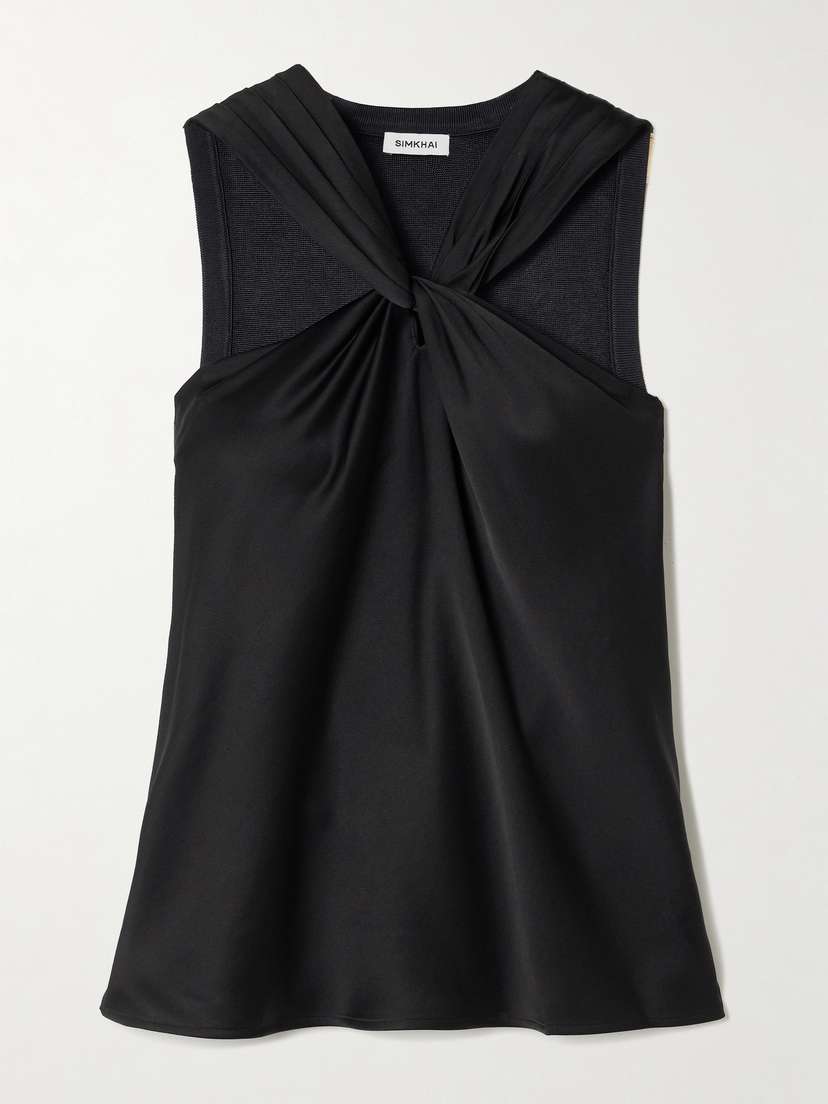 Simkhai Ria Twist-front Satin And Ribbed-knit Top