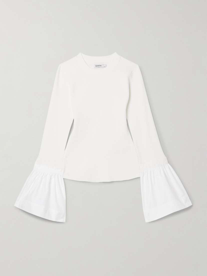 Simkhai Agata Poplin-trimmed Ribbed-knit Top