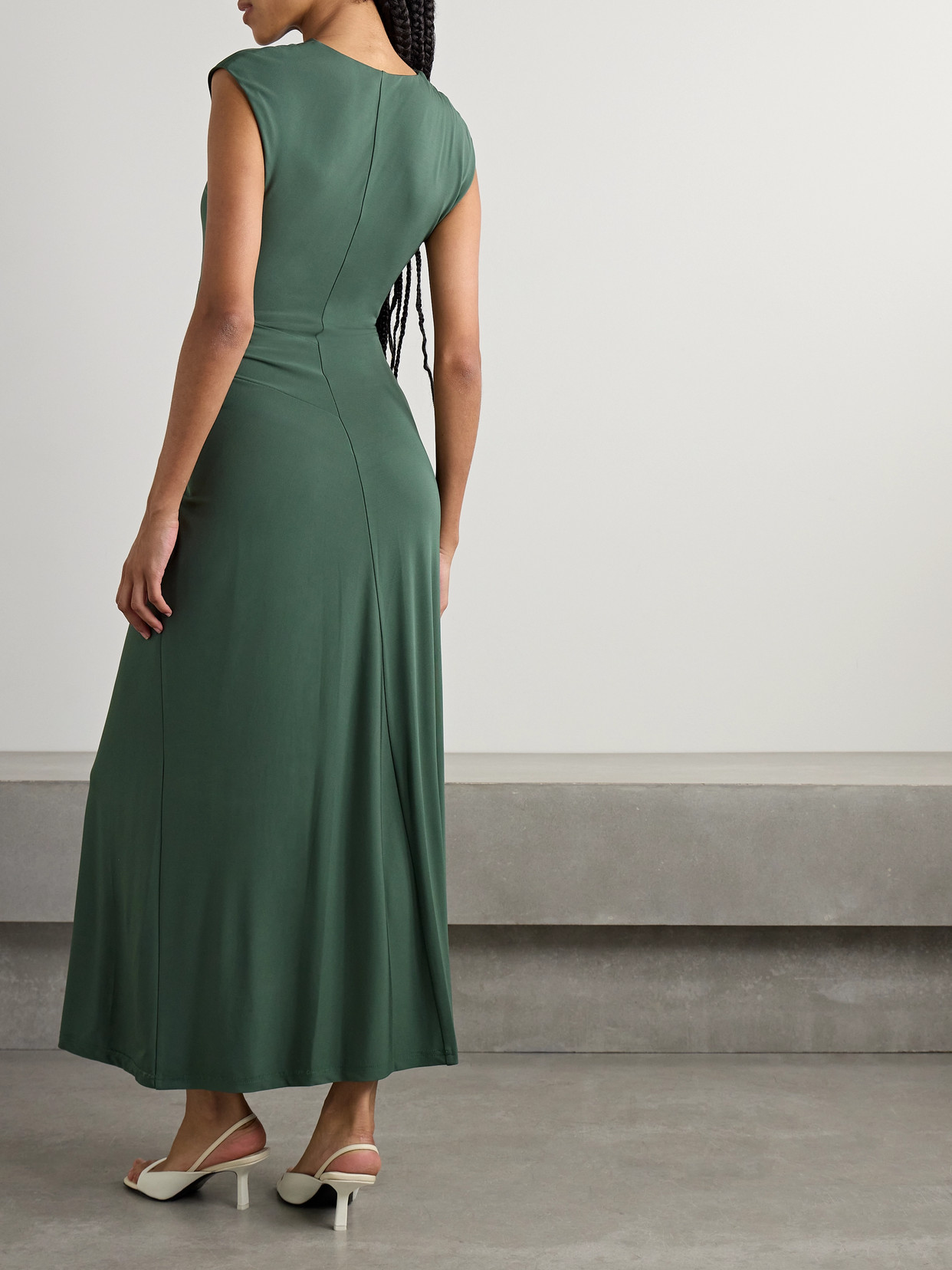 SIMKHAI ACACIA DRAPED RUCHED STRETCH-JERSEY MIDI DRESS