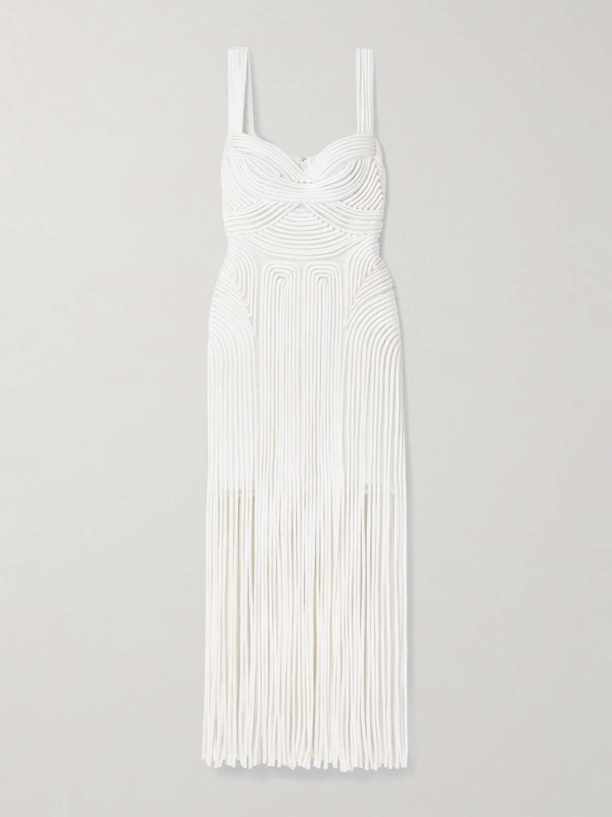 Simkhai Darby Sleeveless Sweetheart Fringe Midi Dress In White