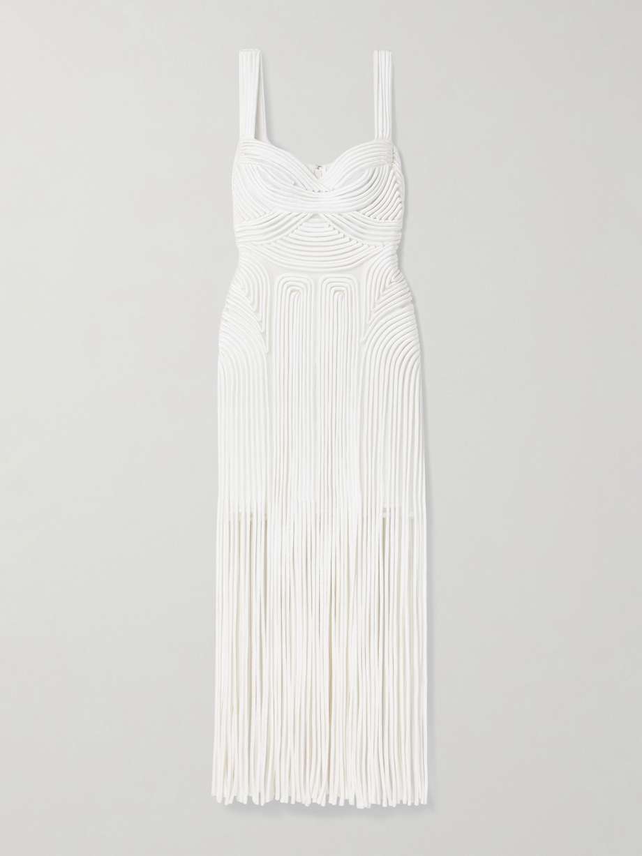 darby fringed appliquéd tulle midi dress