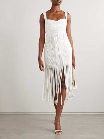 SIMKHAI Darby fringed appliquéd tulle midi dress