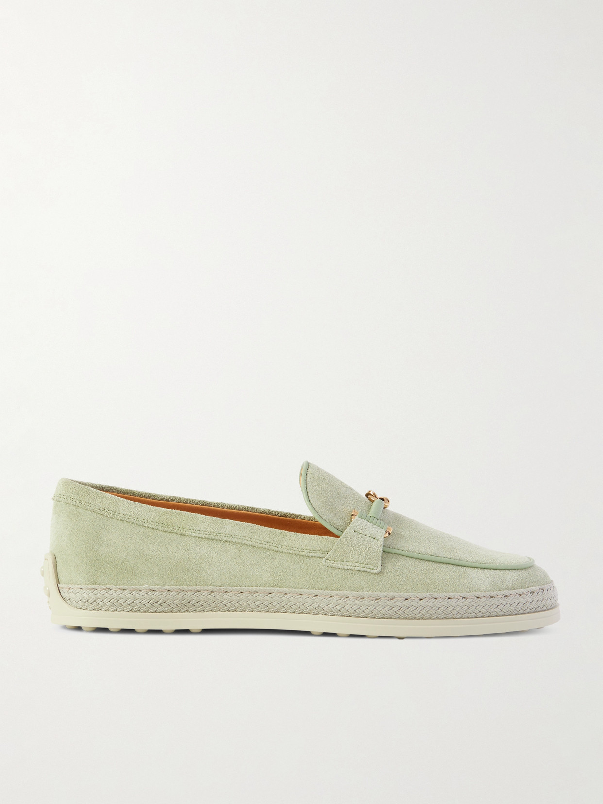 Tod's Gomma Embellished Leather And Raffia-trimmed Suede Loafers In Green