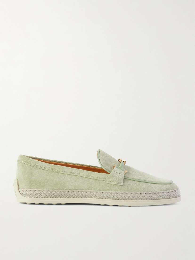 Tod's Gomma Embellished Leather And Raffia-trimmed Suede Loafers